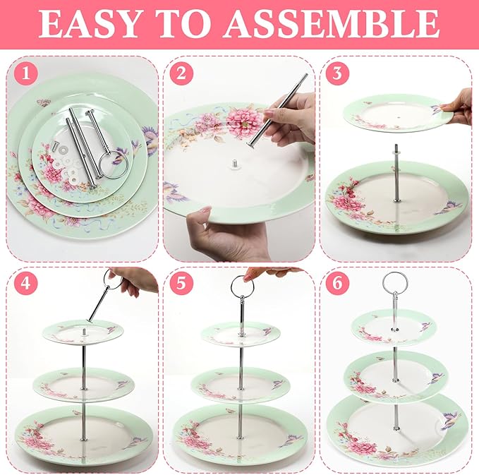 Dandat 4 Pcs 3 Tier Tea Party Cake Stand Floral Ceramic Cupcake Display Round Porcelain Cupcake Dessert Tower Tray Pastry Serving Tray Platter for Tea Party Wedding Birthday, 4 Designs