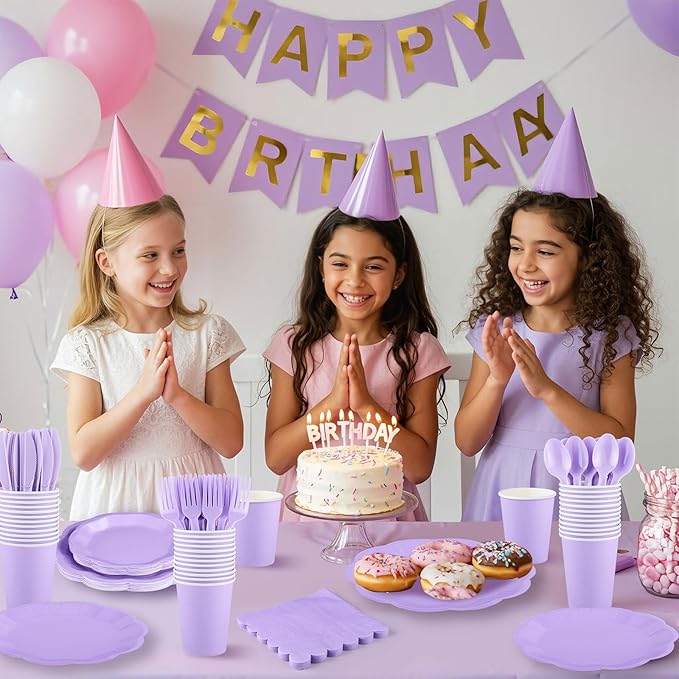 NatNarr 350 Pcs Light Purple Party Supplies Include Scalloped 9" Lavender Plates 7" Cake Plate Napkins Cups Forks Knives Serve 50 Guest Party Tableware for Wedding Baby Shower Birthday Party
