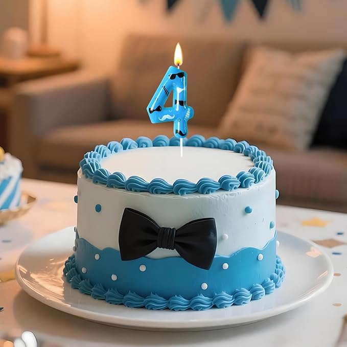 Number 4 Birthday Candle for Cake – Blue Gentleman Style with Sunglasses, Bow Tie & Mustache Design – Cool Cake Topper for Birthday Party Decoration