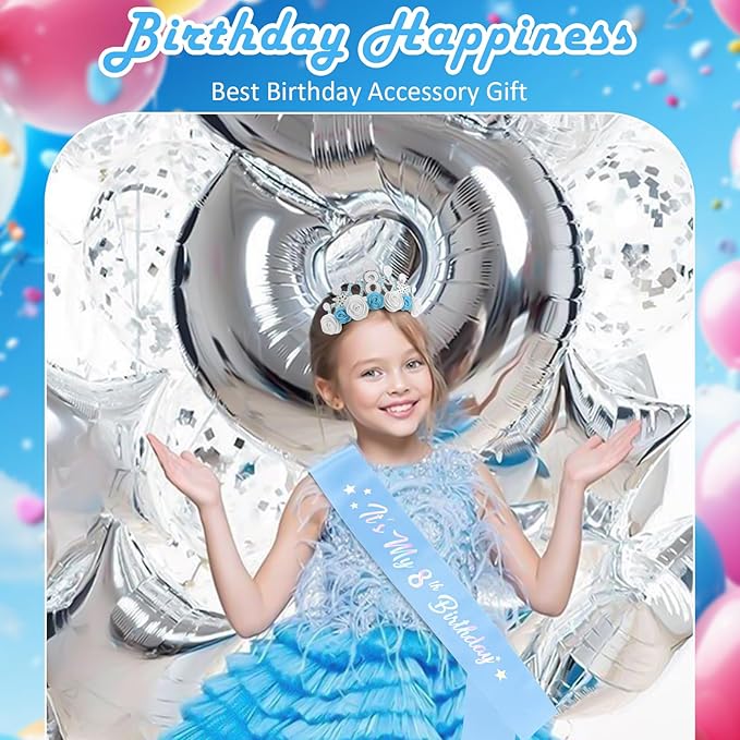 CUBACO 8th Birthday Crown Headband and Sash, 8 Year Old Girl Birthday Gifts for Blue Princess Crown, Frozen Party Decorations Favors for Girls Outfit