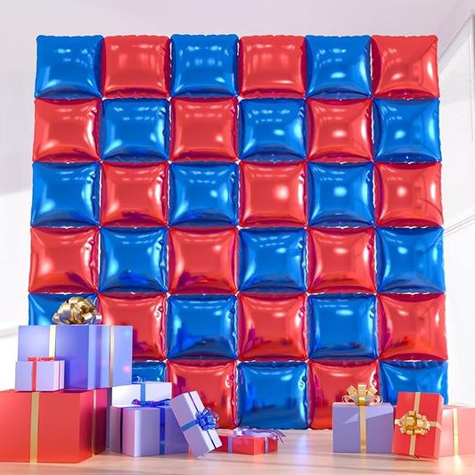 36pcs Red & Royal Blue Square Foil Balloons - Double-Sided Mylar Balloon Backdrop Kit for Birthdays, Graduation 2026, New Year, Photo Booth Decor (9.5ft x 9.5ft Checkered Wall/Tunnel)