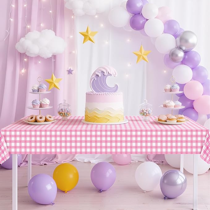 2 Pack Pink Striped Gingham Tablecloths, 54 x 108 Inch Disposable Plastic Rectangle Table Covers, Waterproof Pink and White Checkered Pink Table Cloths for Picnic, Birthday, Party, Outdoor Events