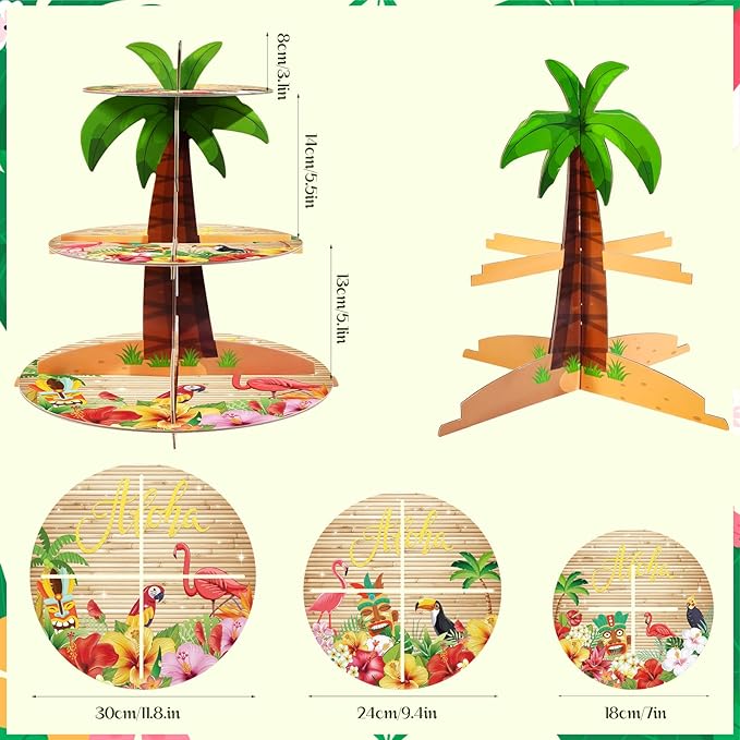 3-Tier Cupcake Stand - Palm Tree Party Decor for Luau, Hawaiian & Tropical Themed Events - Multi-Colored Cardboard Tiered Tray for Beach & Pool Party Decorations