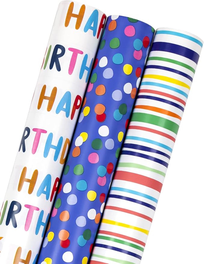 MAYPLUSS Birthday Wrapping Paper Roll - Mini Roll - 17 inch X 120 inch Per roll - Polka dots, Stripes Patterns (42.3 sq.ft.ttl)