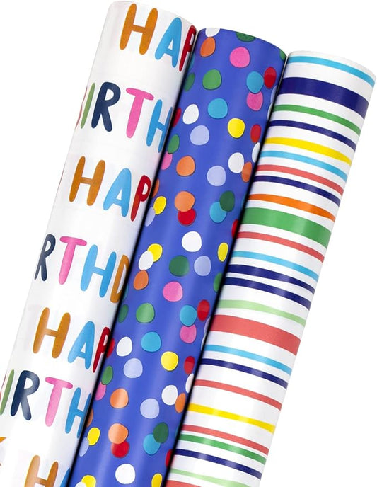 MAYPLUSS Birthday Wrapping Paper Roll - Mini Roll - 17 inch X 120 inch Per roll - Polka dots, Stripes Patterns (42.3 sq.ft.ttl)