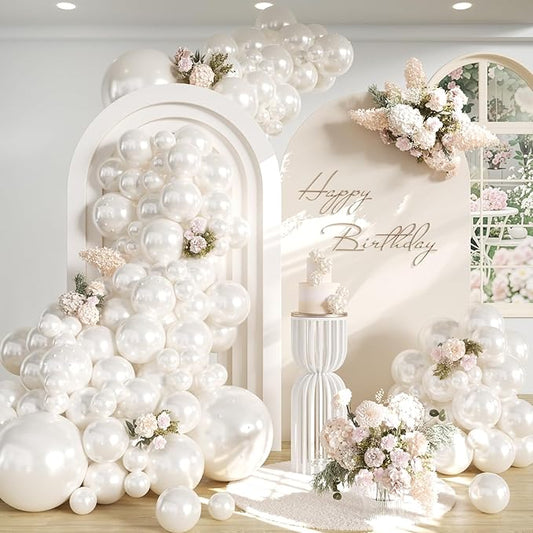 Pearl White Balloon Arch Kit - 144Pcs Different Sizes Double Stuffed Pearl Sand White Balloons and Pearl Stickers Garland Kit for Wedding Bridal Shower Engagement Birthday Party Decorations