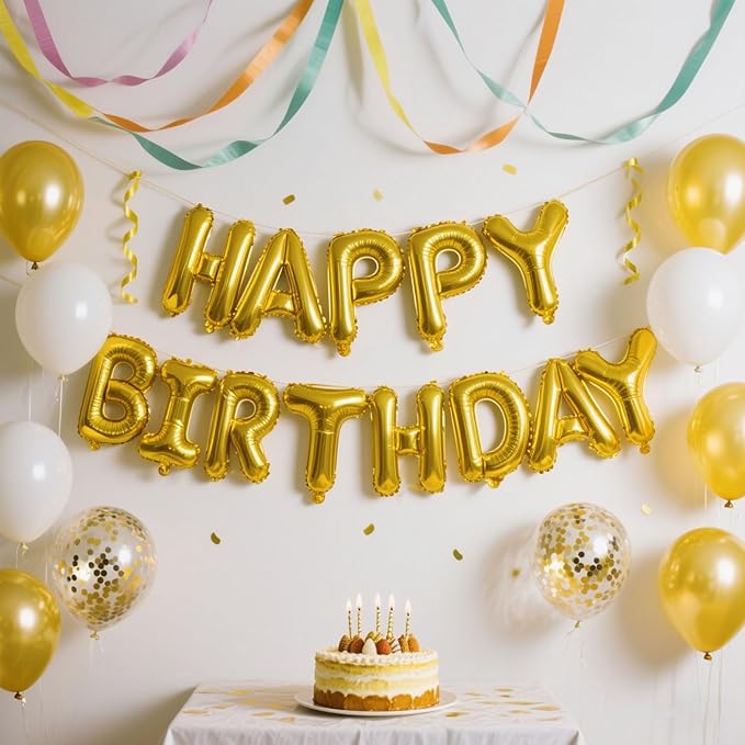 Gold Happy Birthday Balloon Banner Set -16 Inch Foil Letters Balloons, Reusable Birthday Decorations and Party Supplies, Suitable for Men and Women's Birthday Decorations，Party Backdrop