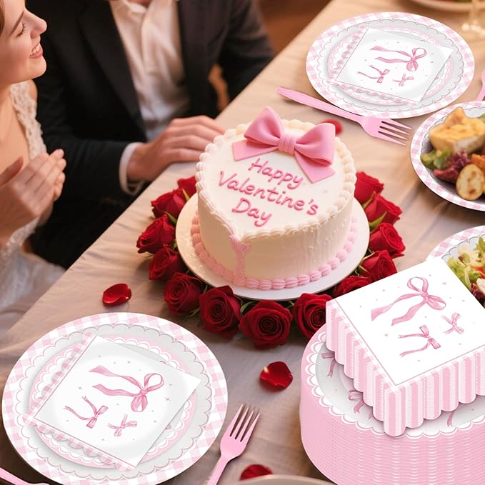 100 Pcs Pink Ribbon Bow Party Supplies Set - Serves 25, Watercolor Disposable Tableware, Includes Paper Plates, Napkins, Forks for Wedding, Bachelorette, Birthday, Girl’s Coquette-Style Themed Favors
