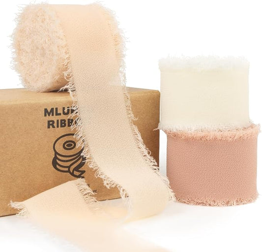 Chiffon Silk Ribbon 1 Inch x 21Yds Handmade Fringe Chiffon Silk Ribbon Peach Powder/Nude/Cream Frayed Chiffon Ribbon for Wedding Invitation Flower Bouquets Bridal Shower Gift Wrapping