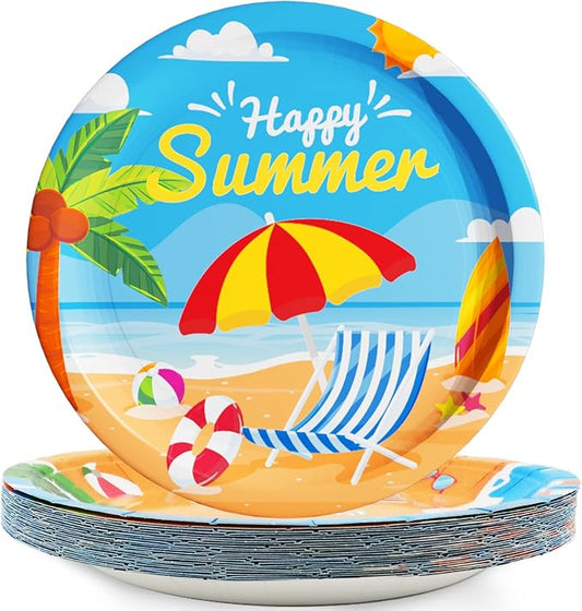 Wiooffen 48 Pcs Summer Beach Party Plates 7inch Birthday Party Disposable Paper Dessert Plate Supplies Decorations Beach Theme Plates Tableware for Birthday Baby Shower
