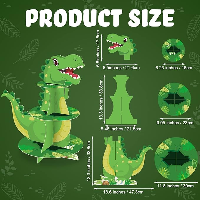 Censen 3 Tier Dinosaur Cupcake Stand Party Decorations Dinosaur Theme Cupcake Holder Decorations Dino Dessert Tower for Kids Jungle Dino Theme Party Birthday Supplies (Lovely)