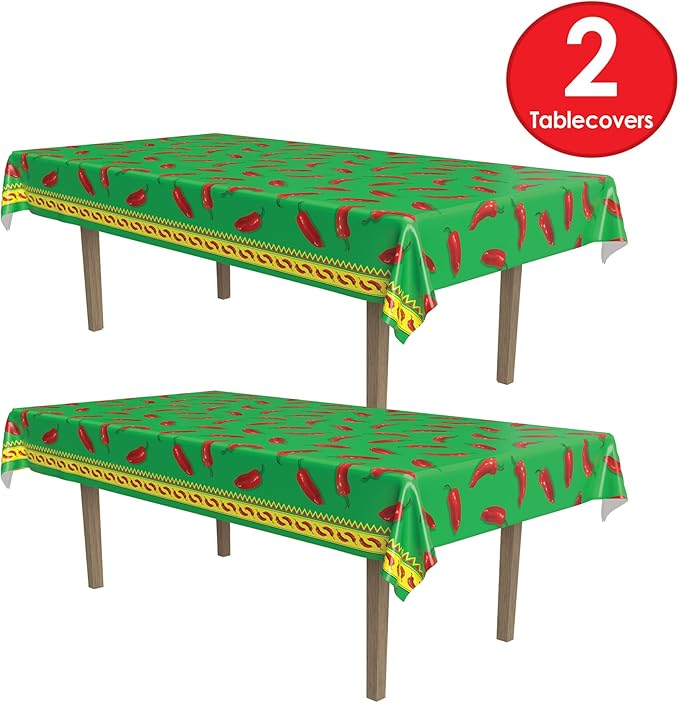 Beistle Chili Pepper Tablecovers, 54” x 108”, 2 Pieces – Plastic Table Cloth, Rectangular Tablecloth, Cinco De Mayo Tablecloth, Fiesta Party Decorations, Cinco De Mayo Decorations,Green/Red/Yellow