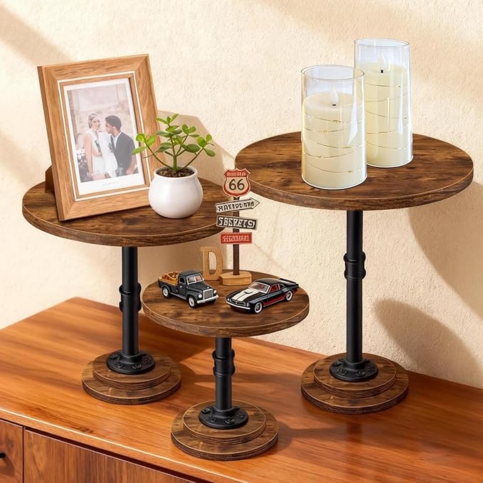 Cake Stand Rustic Industrial Wood Round Cupcake Stands Cake Stand Set of 3 Dessert Table Display Set Serving Tray Decoration for Birthday Celebration Party Baby Shower