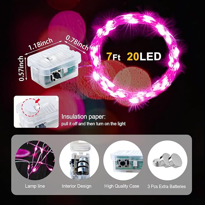 pozzolanas 24 Pack Pink Fairy Lights Battery Operated 3 Modes 7FT 20 LED Waterproof String Lights Twinkle Silver Wire for Mason Jars Wedding Christmas Halloween Party Decor (24, Pink)