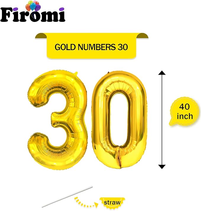 FIROMI 30 Number Balloons 40-inches Gold Big Giant Jumbo Huge Foil Mylar 30 Balloon Numbers for 30th Birthday Party Anniversary Events