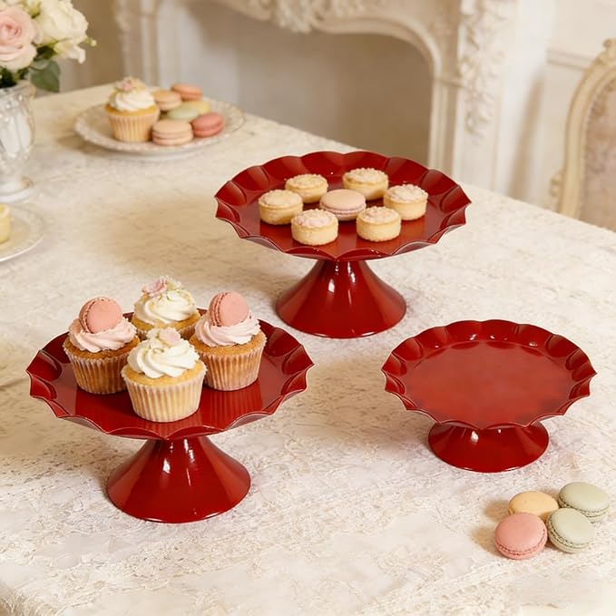 3 Tier Metal Cake Stand Set, Scalloped Edge Cupcake Tray Dessert Display Platter, Decorative Serving Stand for Wedding, Birthday, Tea Party (Red)