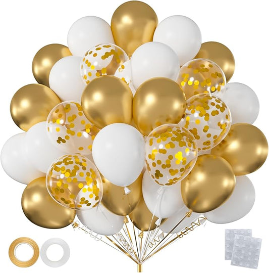 60pcs White and Metallic Gold Balloons, 12 Inch Chrome Gold, White & Gold Confetti Latex Balloon Kit for Graduation 2026, Wedding & Birthday Party Decorations (with Ribbons & Glues)