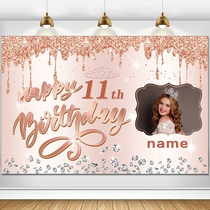 Customizable Rose Gold Happy 11th Birthday Decoration Banner - Personalized with Name and Photo