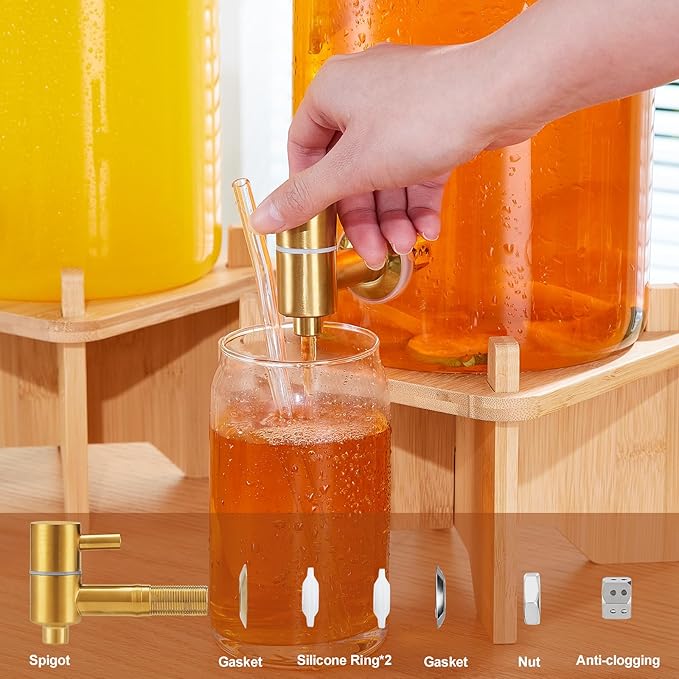 FavorFlavor Glass Drink Dispenser for Parties:2PCS 1.5 Gallon Large Beverage Dispenser with Stand,Water Lemonade Dispenser with Stainless Steel Spigot,Ideal for Dispensing Juice, Beverages, Sun Tea