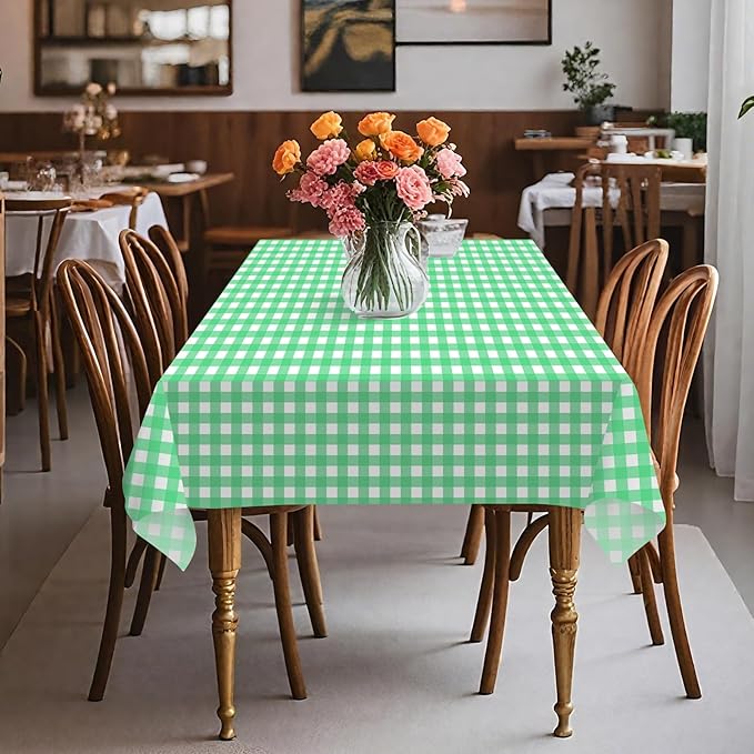 8 Pack Plastic Tablecloth 54" x 108" Disposable Table Cloths for 6 to 8 Foot Tables Rectangle Table Cover for Parties (Green Checkered, Rectangle)