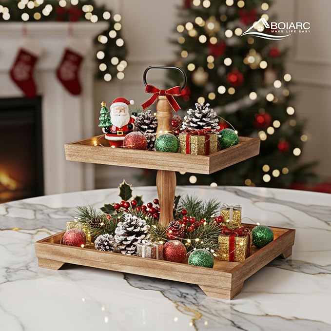 Rustic Wooden 2 Tiered Tray Stand, Farmhouse Tiered Serving Tray Decor, Rectangle Wood Display Stands for Food Fruits Cupcake and Seasonal Festive Decorations (Brown)