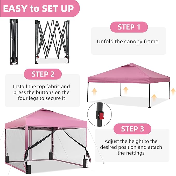 GDY 10x10 Pop up Canopy Tent with Mosquito Netting, Easy up Gazebo for Patio, Camping and Garden, Includes 4 Sandbags, Pink