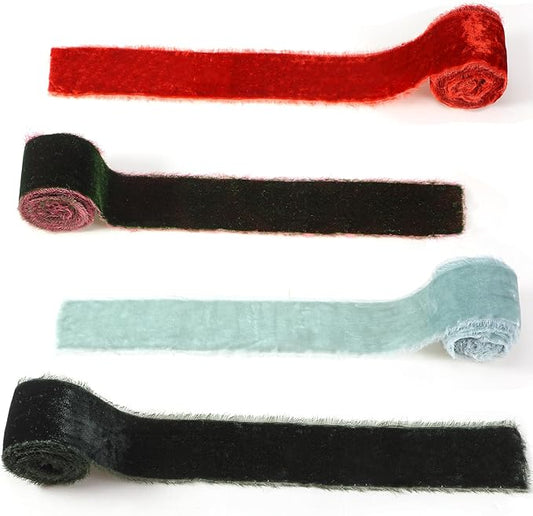 Canlierr 4 Roll Valentine's Day Silk Velvet Ribbon for Gift Wrapping Fringe Fabric Frayed Velvet Ribbon Raw Edge for Valentine Day Party Wedding Decor Bouquet Basket Hair(Classic Color,2 in X 16 yd)