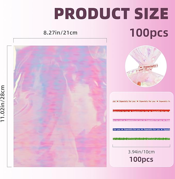 100 PCS Holographic Bags(8x11 Inch) with Colorful Ties, Clear PLastic Iridescent Cellophane Goodie Gift Treat Candy Goody Cookie Bags for Holiday Birthday Baby Shower Party Favors Supplies Decorations