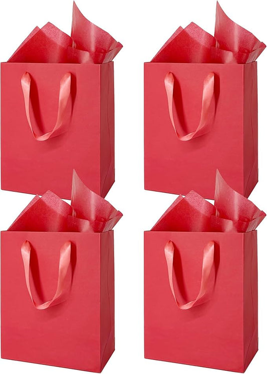 MOXARYSU 4 Pcs Medium Red Gift Bags: 8x5x10 Inches Gift bags With Handles Party Favor Bags With 8 Tissue Paper For Party,Birthday,Baby Shower,Wedding（Red）