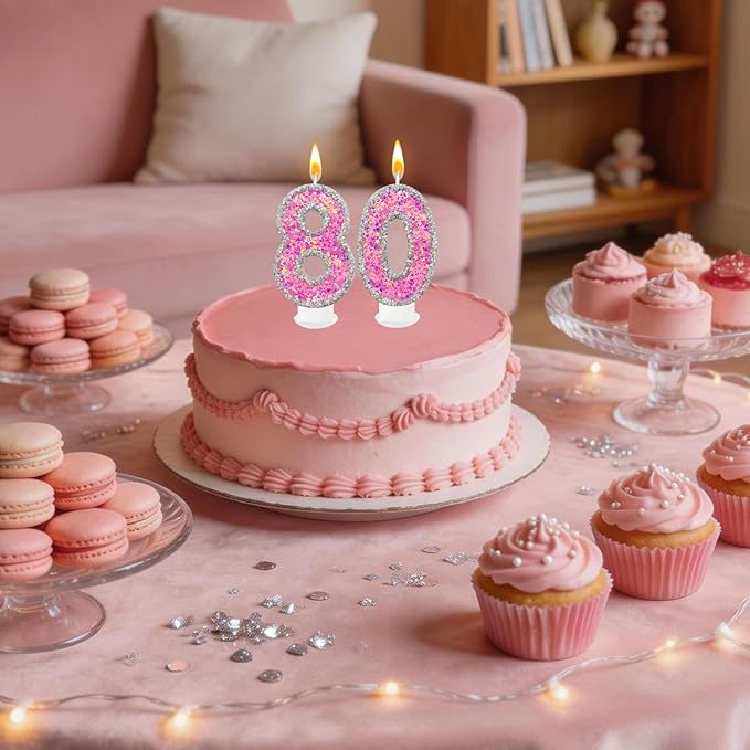Number 8 Birthday Candle for Cake – Silver Glitter Edge with Pink Star Confetti – Decorative Number Cake Topper for Anniversary & Celebration Party Decor
