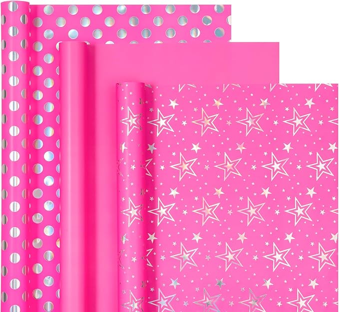 WRAPAHOLIC Pink Girls Wrapping Paper Roll - Mini Roll - 3 Roll - 17 Inch x 120 Inch - Foil Wrapping Paper for Kids Girls Birthday, Baby Shower, Wedding, Bridal Shower