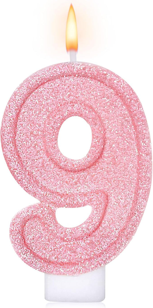 Cute Number 9 Birthday Candle, Glitter Pink Number Candles, Birthday Cake Topper Decoration, Party Supplies Anniversary Celebrations