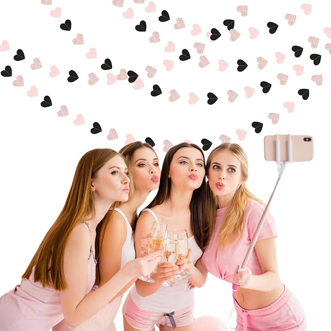 Rose-Gold Black-Pink Valentines Party-Decorations Heart-Garland - 52ft Glitter Galentines Hanging Streamers Banner,Women Romantic Special Night Wedding Birthday Bachelorette Backdrop Decor Burgleda