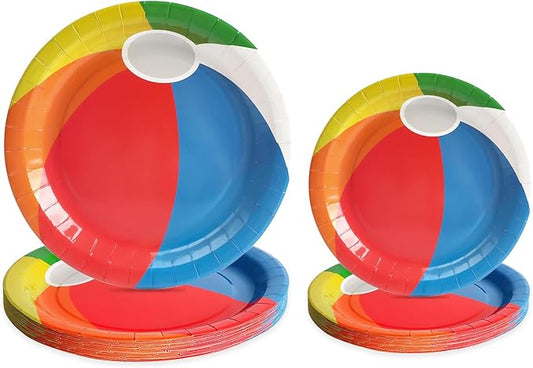 50 Pcs Party Plates, Beach Ball Paper Plates Party Supplies for Summer Beach Pool Ball, Disposable Tableware Sets, Serve for 25 Guests, Colorful