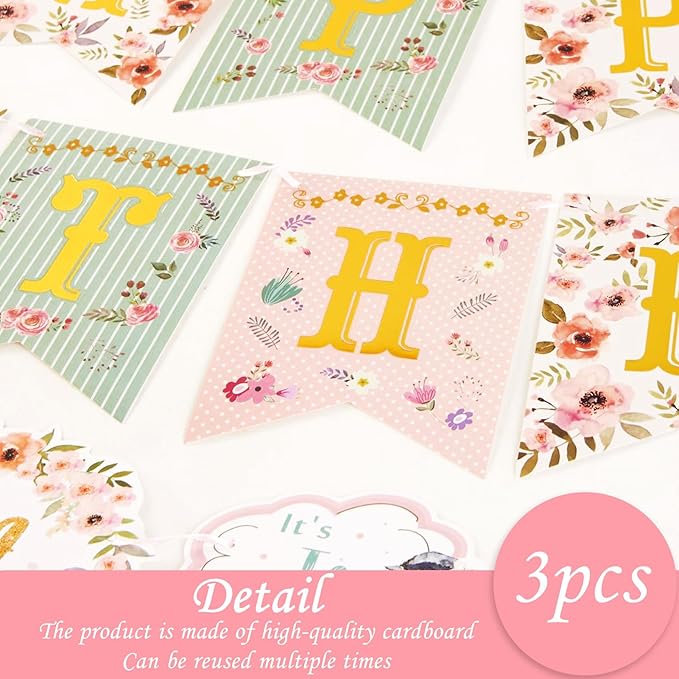 SUNBEAUTY Floral Tea Party Birthday Decorations Tea Happy Birthday Banner Floral Garland Birthday Hanging Banner for Baby Bridal Shower Spring Garden Tea Party Decorations | Pre-Strung