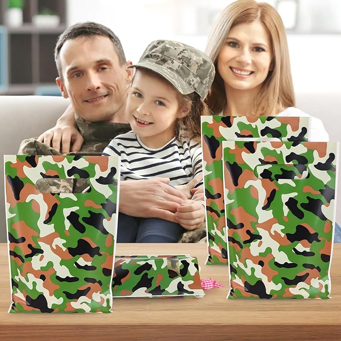 Hxezoc 50 Pieces Camo Party Bags Plastic Camo Bags Practical Gift Bags Military Party Favors for Army Theme Birthday Party Decoration Supplies
