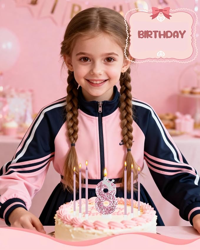 Birthday Candles for Cake, Pink Number Candles, Cake Candles with Greeting Card for Birthday Party Wedding Anniversary Celebrations (8 Candle, Silver Crown)