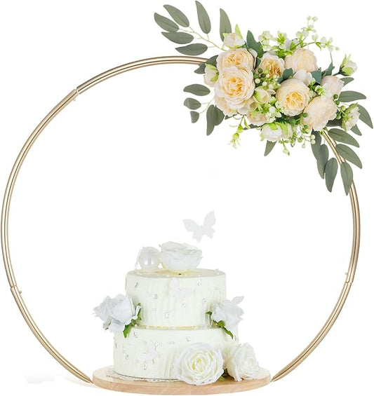 Hanobe Wedding Cake Stand Gold: 14 Inch Round Arch Cupcake Display Stands with Wood Base for Party Decorative Metal Hoop Centerpiece Decor for Birthday Baby Shower