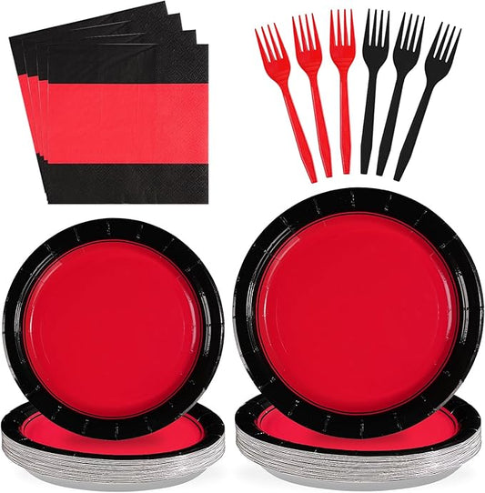 Grencian 96Pcs Red and Black Party Decorations Graduation Red and Black Plates and Napkins Disposable Stranger Tableware Set for Congrats Grad Fiesta Holiday Birthday Wedding Party Supplies, Serves 24