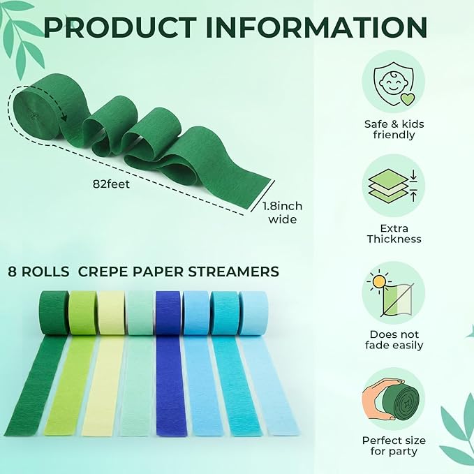 VGOODALL 8 Rolls Teal and Blue Gradient Crepe Paper Streamers - 1.8 in x 118 ft Each - Perfect for Ocean Theme Party, Beach Wedding, Graduation Decorations, and Piñata Making Supplies