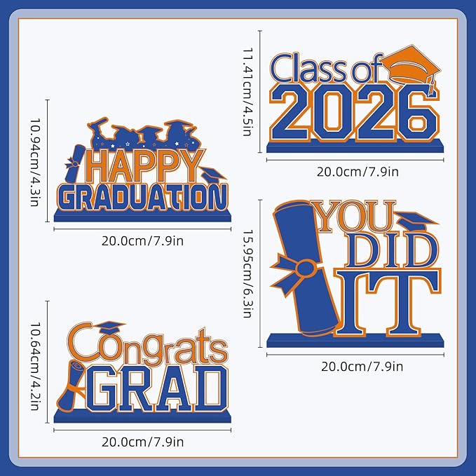4Pcs Oranger and Blue Graduation Decorations Class of 2026 Congrats Grad Wooden Table Centerpieces Graduation Centerpieces for High School College Grad Table Decorations