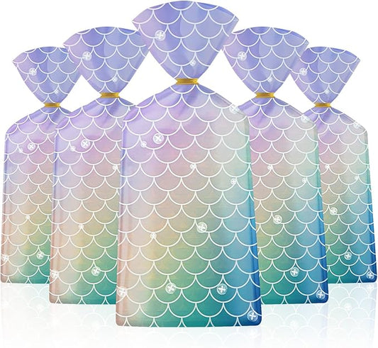 50 Pack Mermaid Goodie Bags - Ocean Mermaids Party Favor Bags, Little Mermaid Cello Cellophane Gift Candy Treat Bag with 50Pcs Twist Ties for Kids Girls Mermaids Themed Birthday Party Supplies Favors