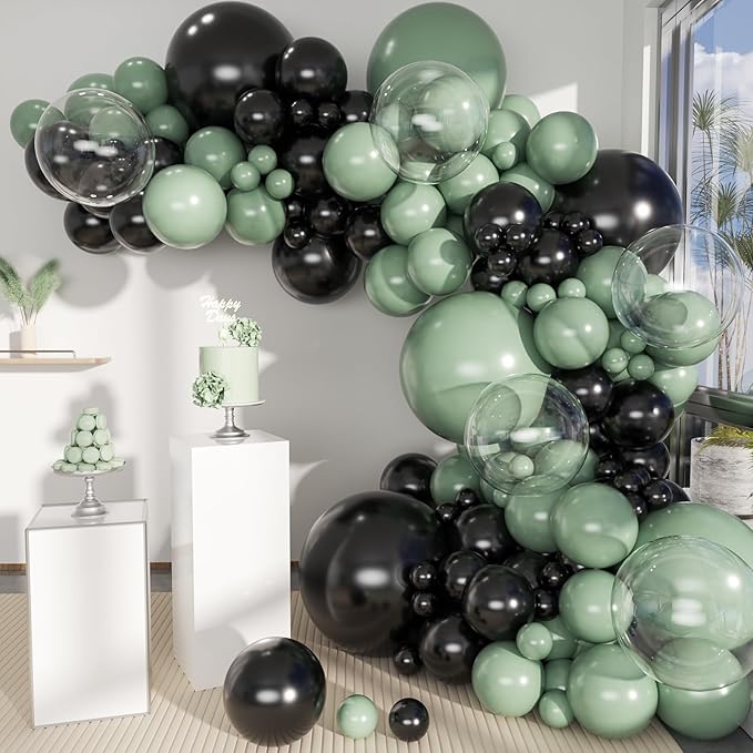 Sage Green and Black Balloon Arch Kit, 151Pcs Green Black Bobo Balloons Garland 18 12 10 5 inch for Birthday, Graduation, Baby Shower, Wedding, Anniversary, Holiday Party Decoration