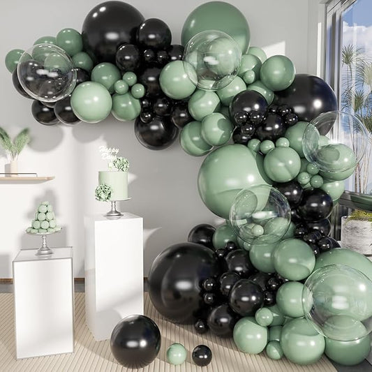 Sage Green and Black Balloon Arch Kit, 151Pcs Green Black Bobo Balloons Garland 18 12 10 5 inch for Birthday, Graduation, Baby Shower, Wedding, Anniversary, Holiday Party Decoration