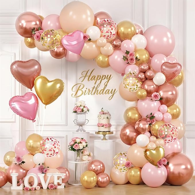 Rose Gold Pink Balloon Arch Kit,Light Pink Nude White Metallic Gold Balloons Garland Rose Gold and Gold Confetti Balloons with Heart Balloon for Wedding Bridal Shower Birthday Party Decorations