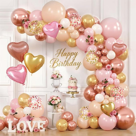 Rose Gold Pink Balloon Arch Kit,Light Pink Nude White Metallic Gold Balloons Garland Rose Gold and Gold Confetti Balloons with Heart Balloon for Wedding Bridal Shower Birthday Party Decorations