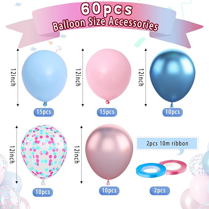 Paready Macaron Pink and Blue Balloons, 60 Pcs 12 Inch Baby Shower Party Balloons, Metallic Blue Pink Balloons for Gender Reveal Birthday Baby Shower Wedding Bridal Shower Party Graduation Decoration