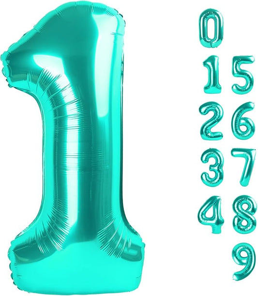 Number Balloons 1, 40 Inch Ballons for Girl Boy 1st 1 11 21 Birthday Decorations Baby Shower Photo Shoot, Blue-green One Balloons
