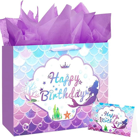 CIEHER Birthday Gift Bags for Girls with Mermaid Greeting Card and Purple Tissue Papers for Birthday Gifts - Mermaid Pattern