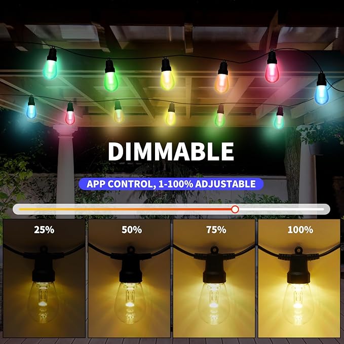 CAWWS Outdoor String Lights 27FT, Outdoor Lights for Patio with 10 Dimmable RGBW LED Bulbs, IP66 Waterproof Shatterproof, with APP Control & Remote, 24V Adapter Color Change,for Backyard Décor